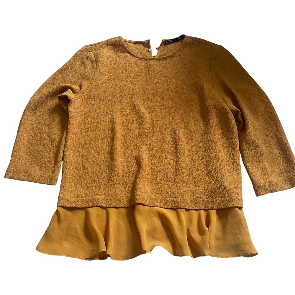 Zara blouse mustard yellow ruffle details large 3/4 sleeve - Picture 3 of 9